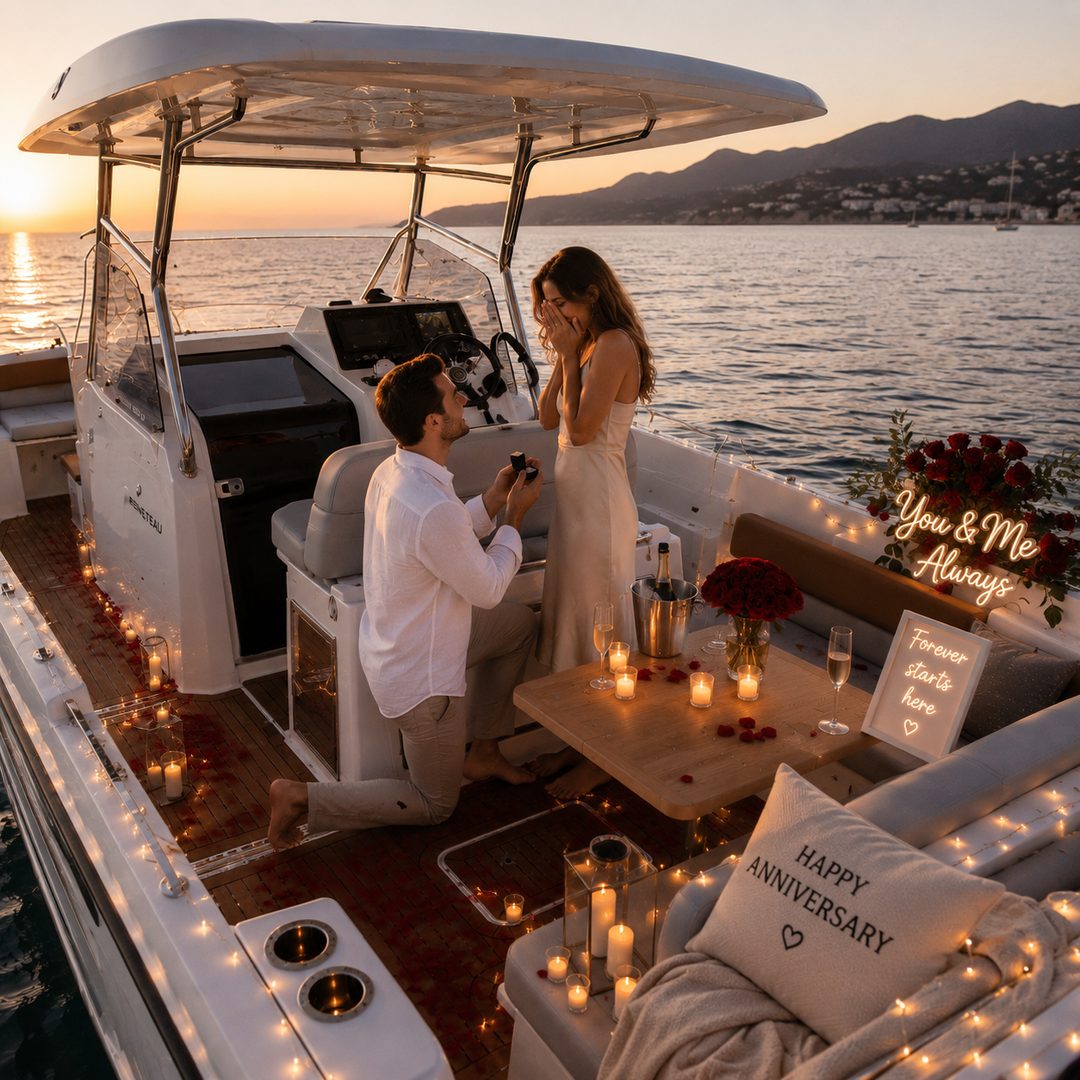 Marriage proposal set up on a private boat at sunset in Marbella