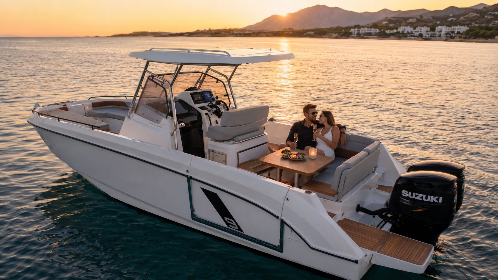 Couple on a private sunset cruise aboard a Beneteau Flyer 9 in Marbella