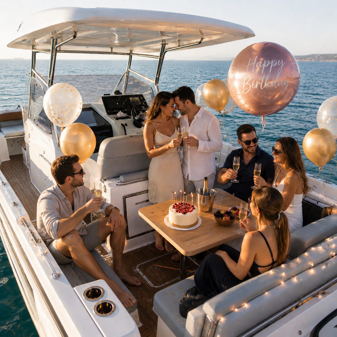 Friends celebrating a birthday on a private boat charter in Marbella