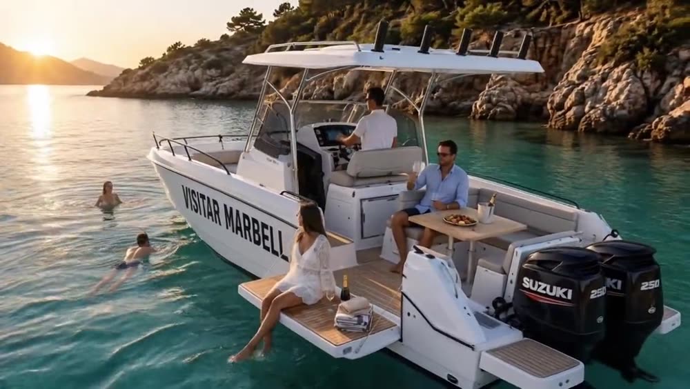 A Visitar Marbella powerboat at anchor on the Costa del Sol, guests swimming alongside