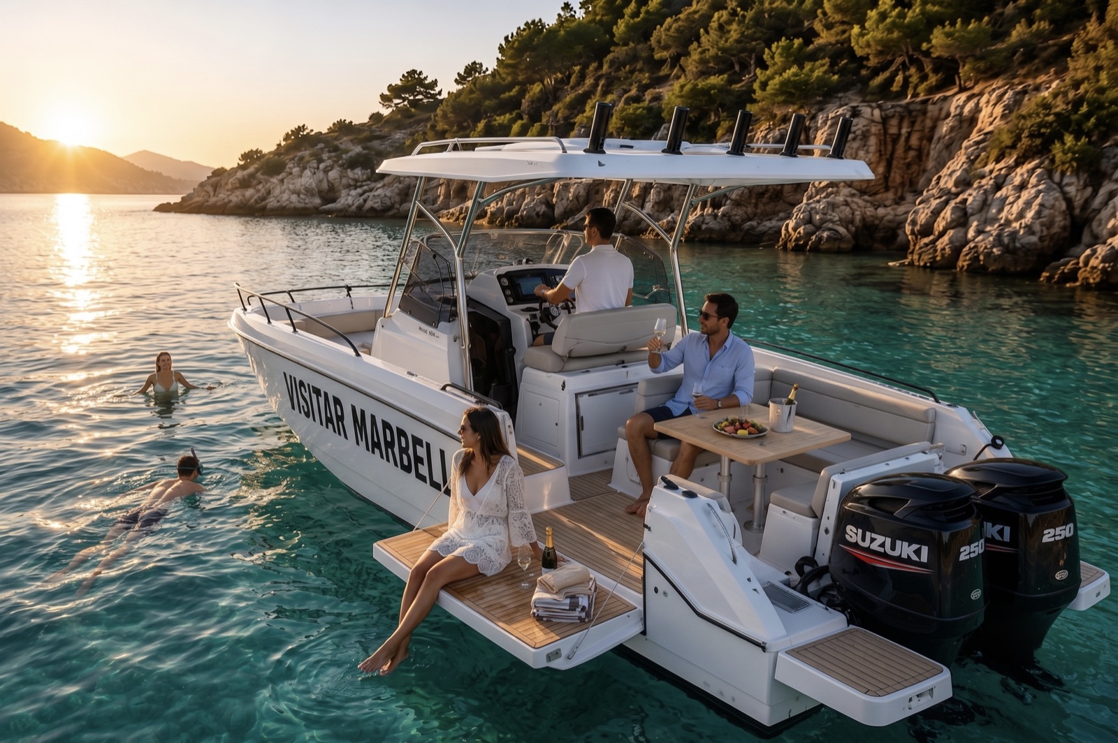 Guests on the swim platform at golden hour during a private Marbella charter