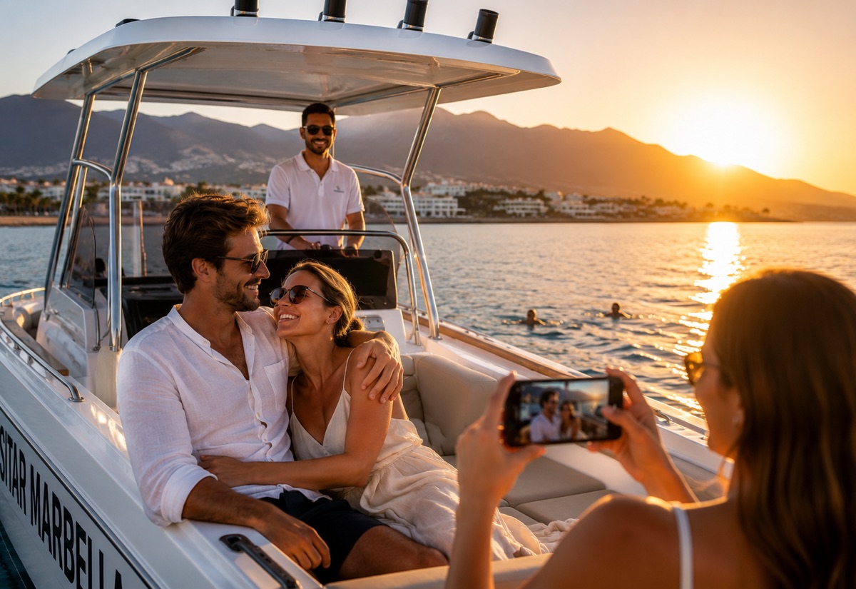 Couple embracing at sunset aboard the Visitar Marbella boat while a friend takes their photo