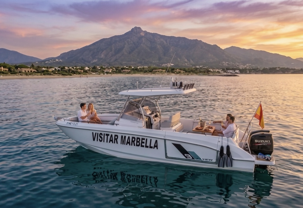 The Visitar Marbella boat at anchor with guests aboard at sunset, La Concha mountain silhouetted behind