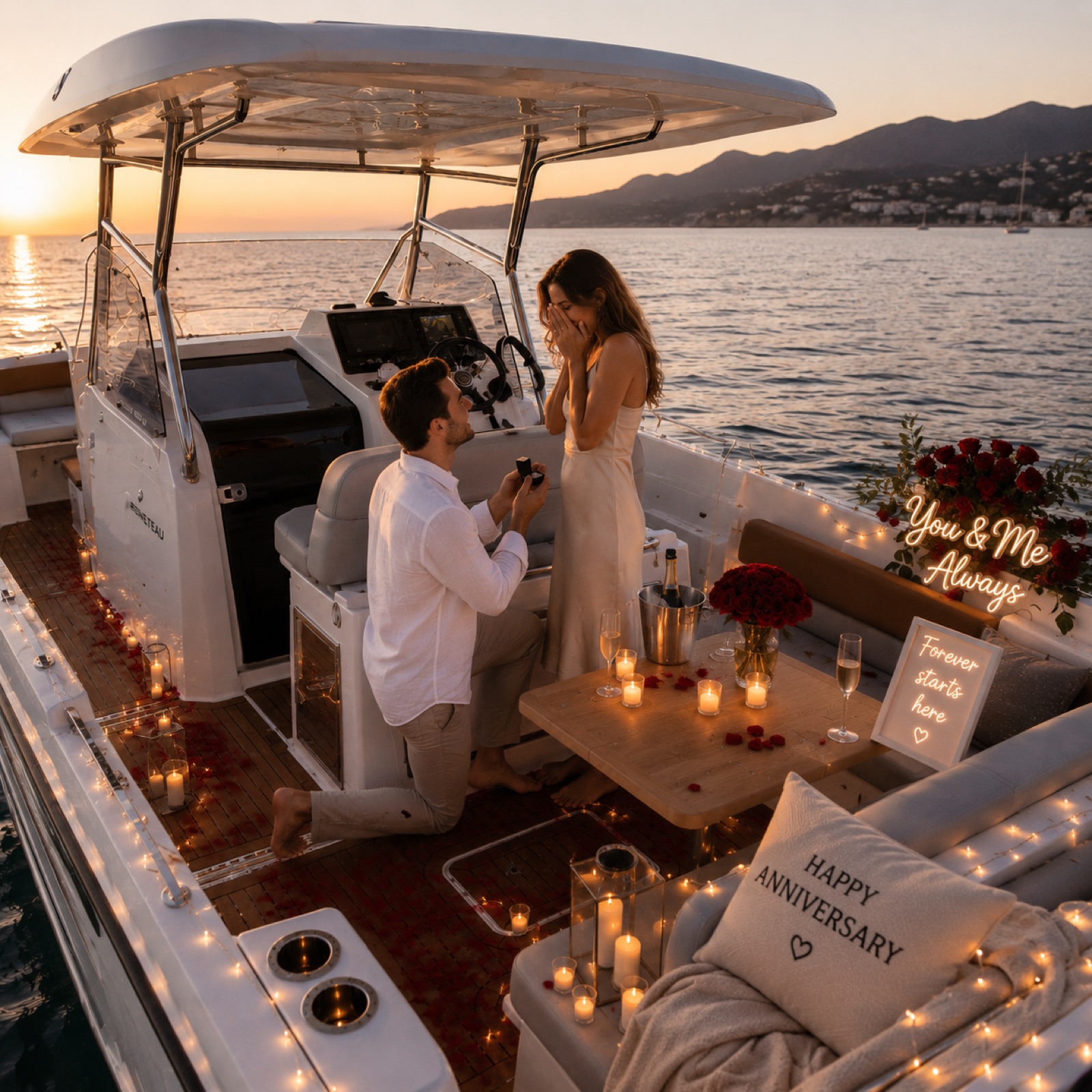 A proposal set up on a private boat at sunset in Marbella