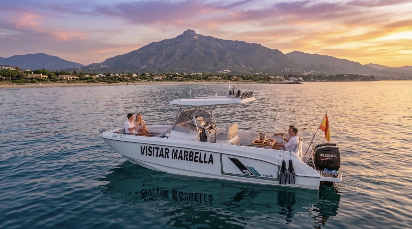 A couple on a private sunset charter with La Concha behind, Marbella