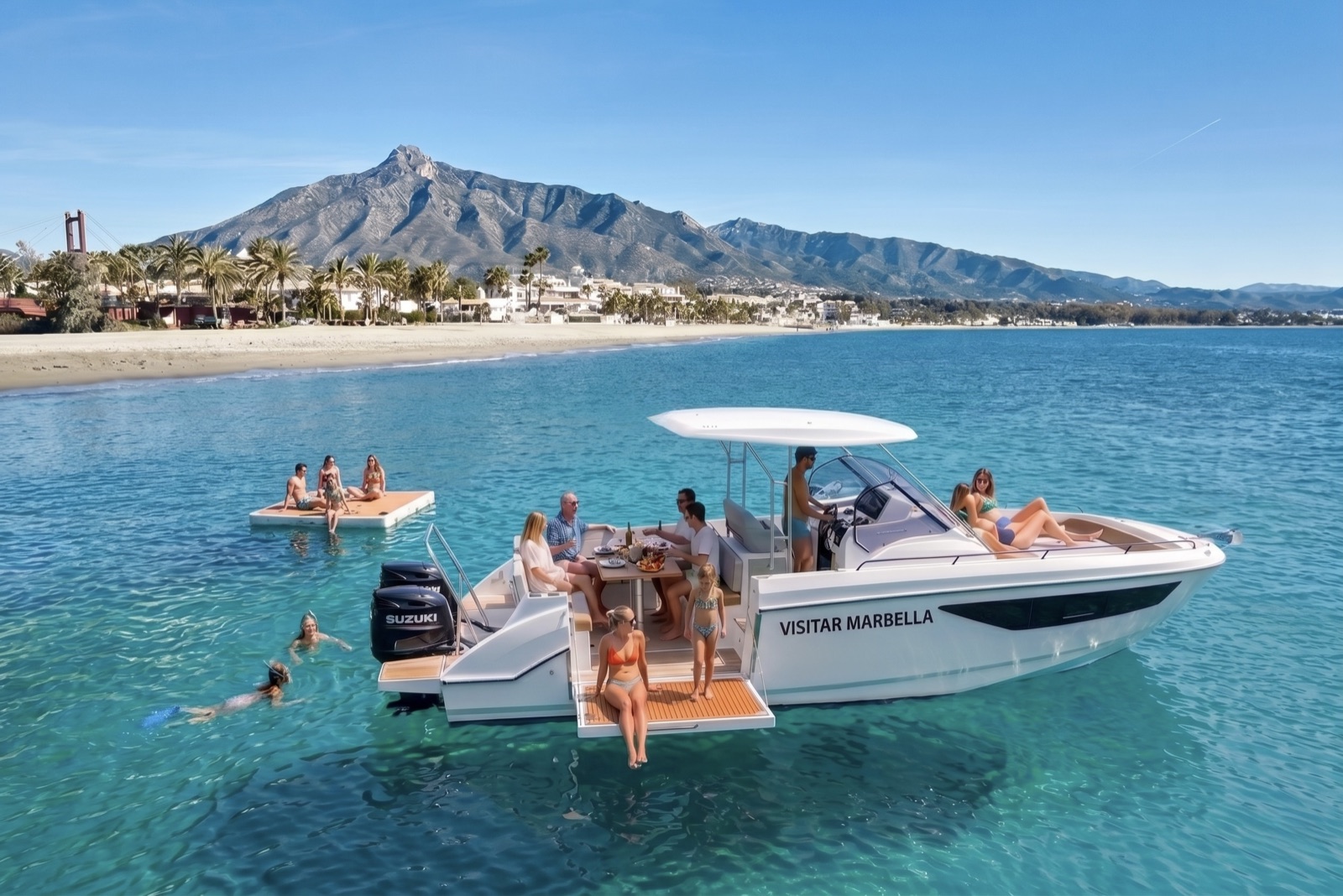 Guests swimming from the boat at a Marbella swim stop